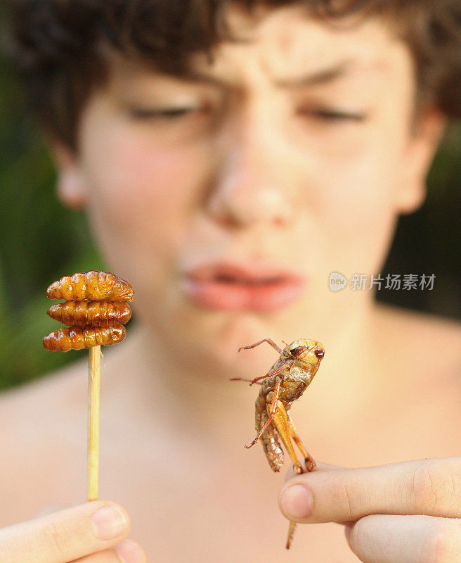 十几岁的男孩与厌恶的鬼脸持有不寻常的奇怪泰国食物