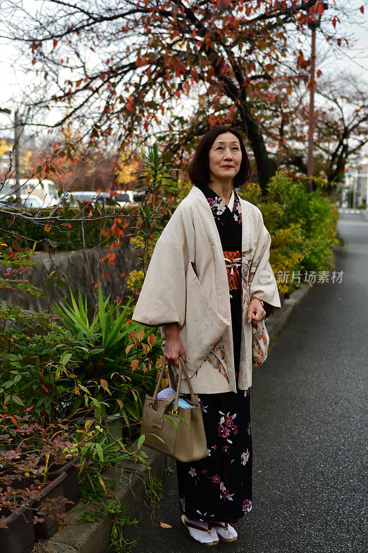 穿着和服的日本妇女行走在京都加茂河畔