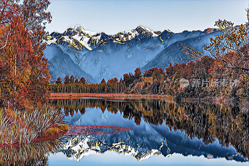 双峰反射在马锡森湖，新西兰的插图