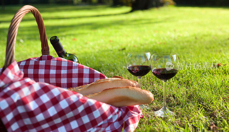 一瓶红酒，两杯，一篮子新鲜的法棍面包，在阳光下的草地上