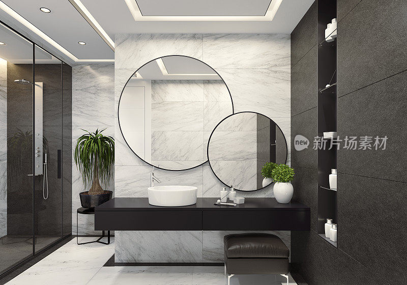 豪华现代浴室与白色大理石和大黑色瓷砖