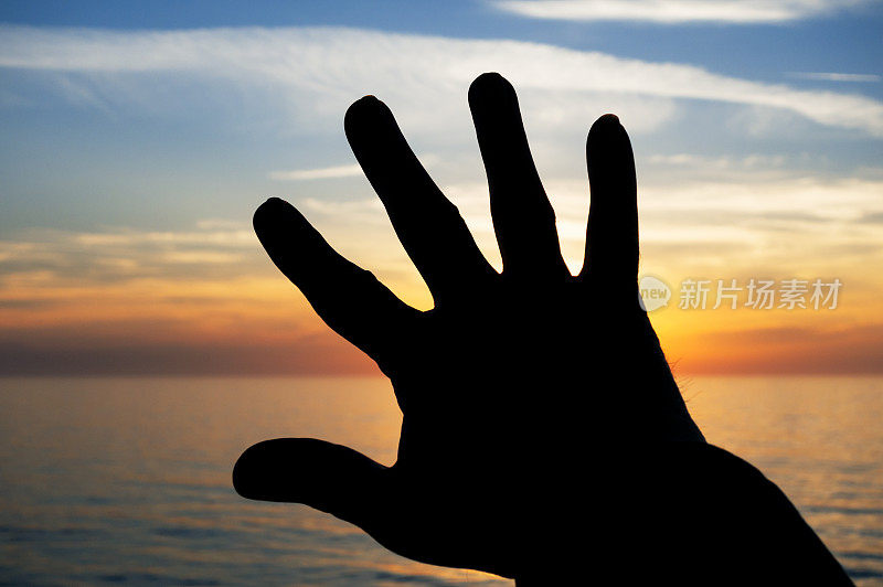 一个人的手挡住了海上的日落