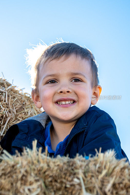 微笑的三岁小男孩在干草中玩耍