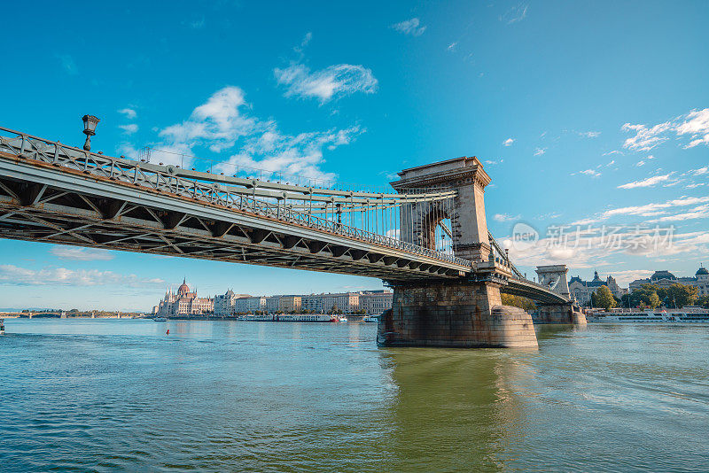 匈牙利布达佩斯的多瑙河和铁链桥全景