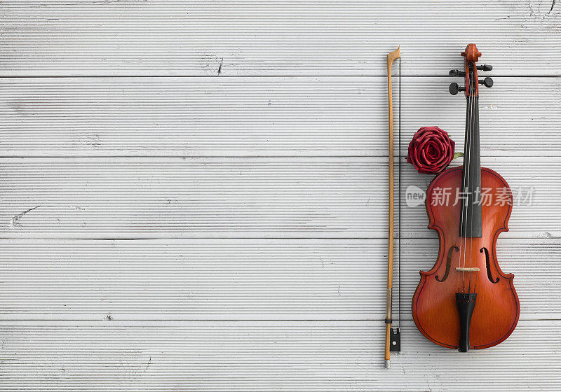白色木制背景上的古董小提琴