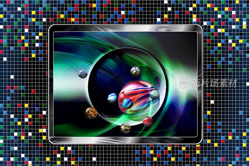 平板电脑终端，模拟游戏和许多球体应用程序。背景是一幅数字图像。