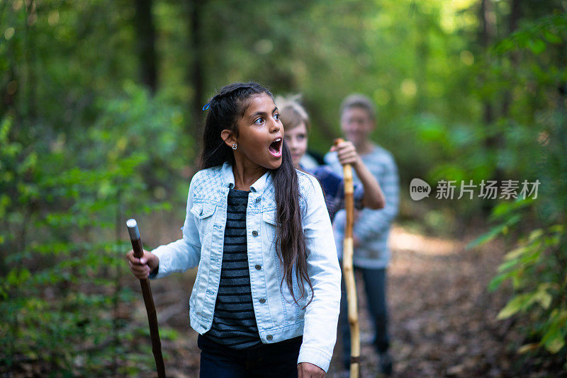 西班牙女孩领导她的朋友通过伍兹库存照片