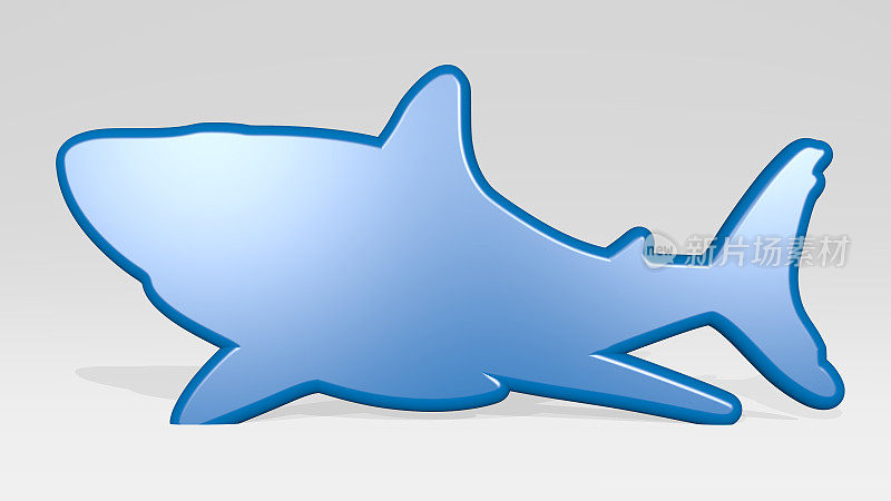 鲨鱼由一个闪亮的金属雕塑的3D插图与光影背景的阴影。动物和鱼类
