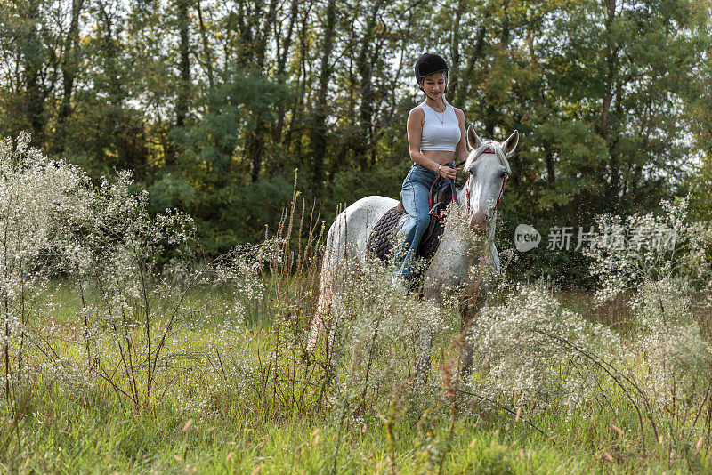 年轻美丽的女人和她的马在牧场自由漫步