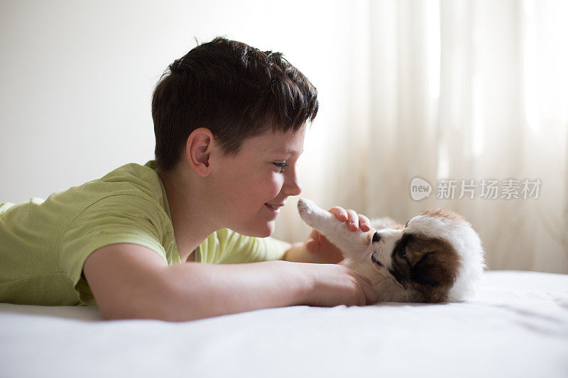 小男孩躺在床上，和毛茸茸的小狗玩。