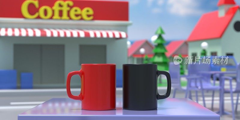 卡通红色，黑色的杯子在桌子上市中心的概念。模糊咖啡店背景。三维演示
