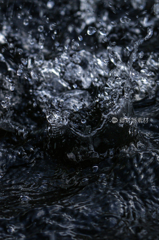 雨落在水面上的完整框架图像，水滴飞溅和飞溅冠，倾盆大雨，高架视图