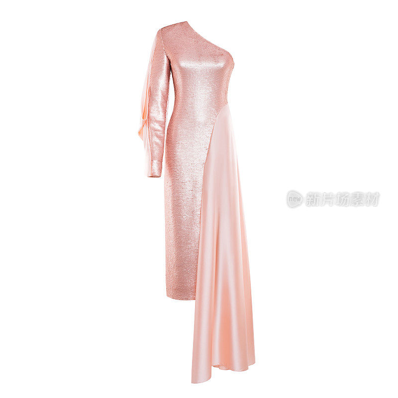 女性的时尚亮粉色连衣裙孤立在白色背景下，看不见人体模型