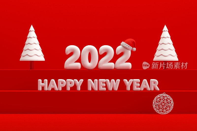 2022年圣诞新年概念，红色背景，楼梯站讲台