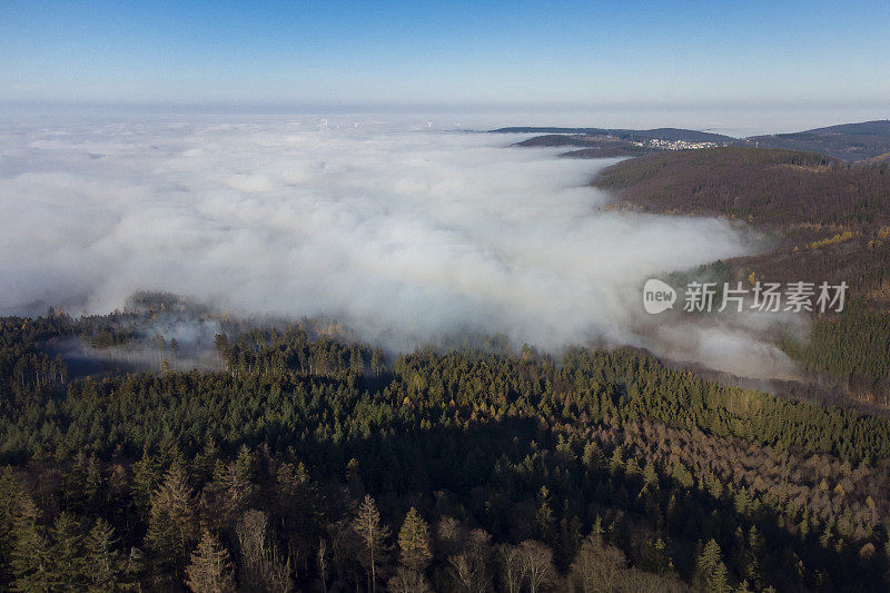 雾和阳光在秋天森林地区-陶诺斯山。鸟瞰图