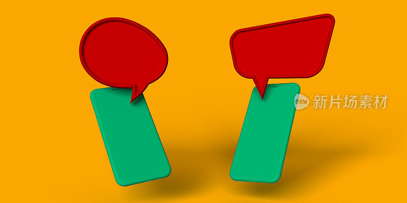 绿色智能手机模板与不同的红色聊天气泡上的橙色与复制空间。