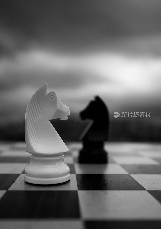 两个城市背景的象棋骑士