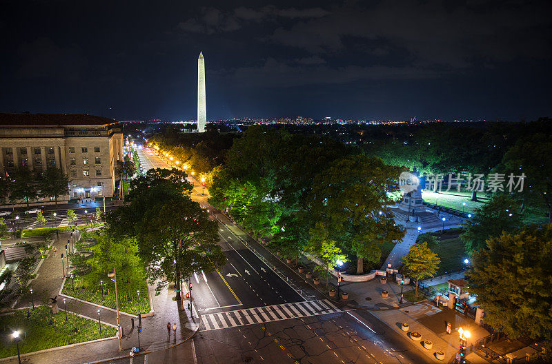 华盛顿纪念碑在夜晚被点亮
