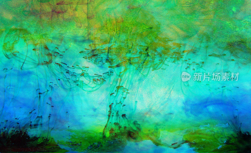 水彩水墨以水、绿、蓝色度抽象为背景。