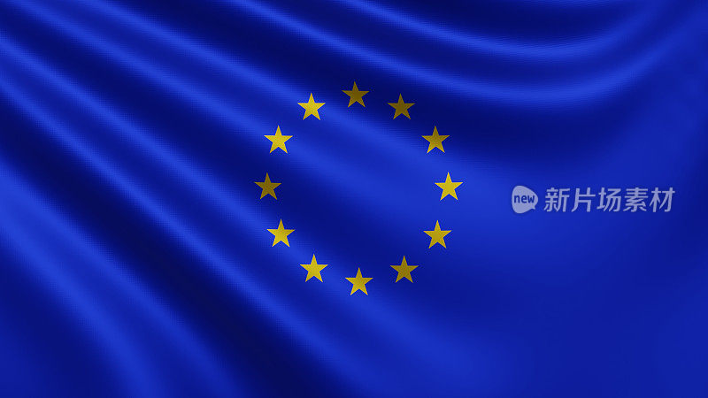 渲染的欧盟旗帜在风中飘扬特写，欧盟飘扬在4k分辨率，特写，颜色:RGB。