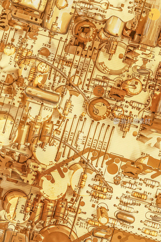 金色电子印刷电路板细节程式化超现实艺术表现