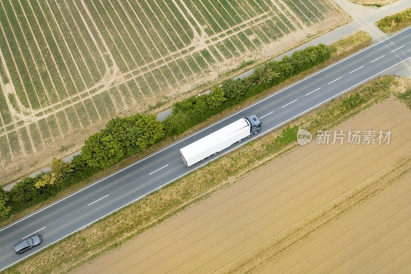 鸟瞰收获的麦田和乡村道路