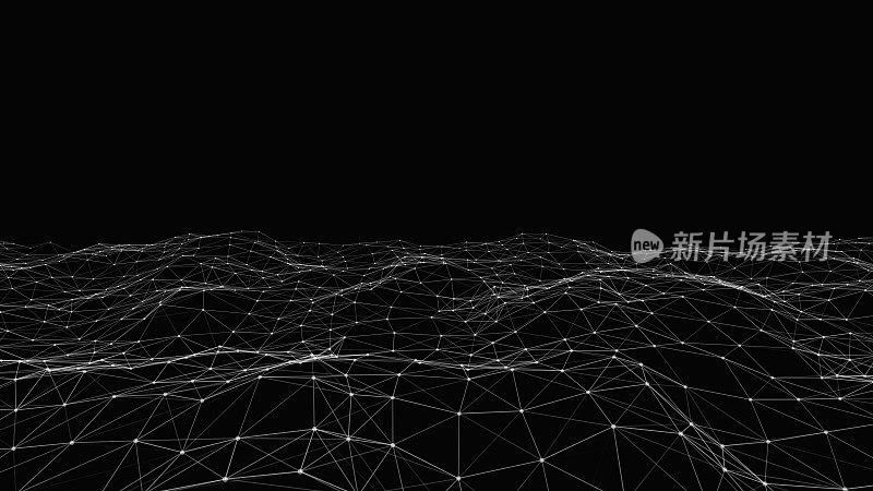 抽象丛线和点连接波动画孤立在黑色背景与4k视频和3d渲染