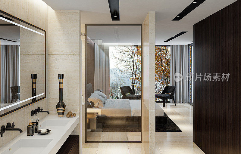 现代豪华风格的主卧室带浴室。
