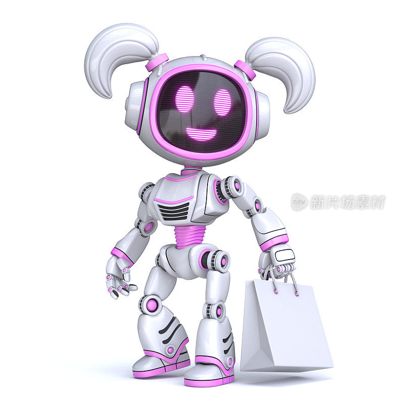 可爱的粉色女孩机器人与白色购物袋3D