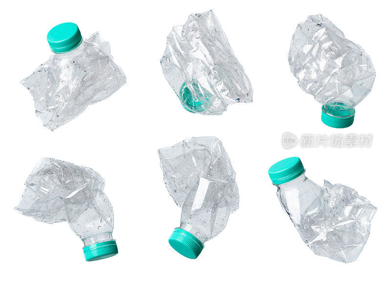 塑料瓶掉落飞在半空中，宠物塑料瓶漂浮爆炸与绿色的盖子。用拧水的塑料瓶扔在空气中。白色背景隔离冻结运动高速快门