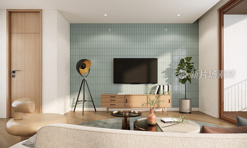 现代简约风格的客厅室内设计与装饰。带阳台的3d渲染模型公寓。