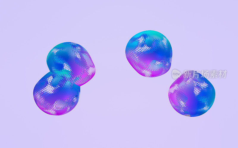 一个温和变形的蜂窝球的三维图像，随机旋转青色，蓝色和品红混合在一起。