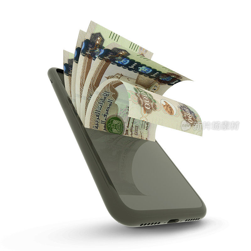3D渲染1000阿拉伯联合酋长国迪拉姆笔记在手机内孤立的白色背景，阿联酋迪拉姆