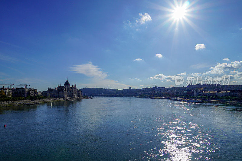 匈牙利布达佩斯多瑙河上漂浮的观光船。河两岸的历史中心。