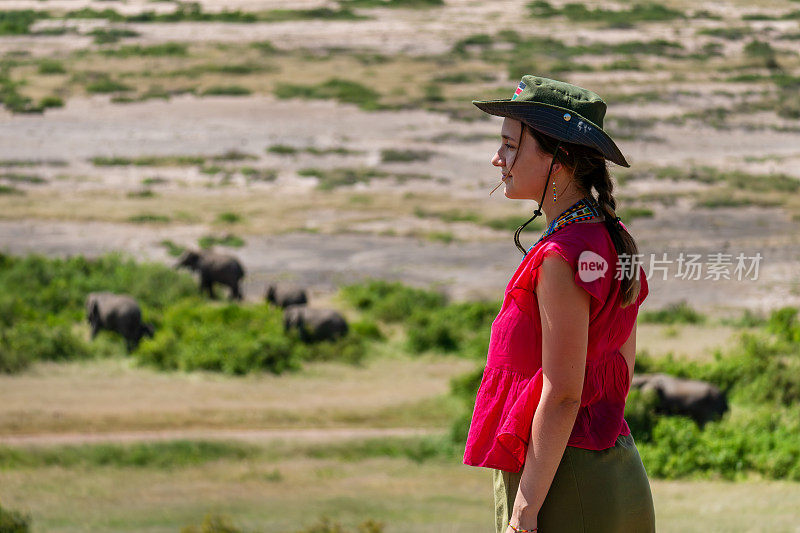 女游客在非洲大草原上看象群。安博塞利国家公园。