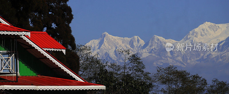 印度西孟加拉邦，大吉岭山站美丽的乡村和郊区，白雪覆盖的喜马拉雅山脉映衬着蓝天