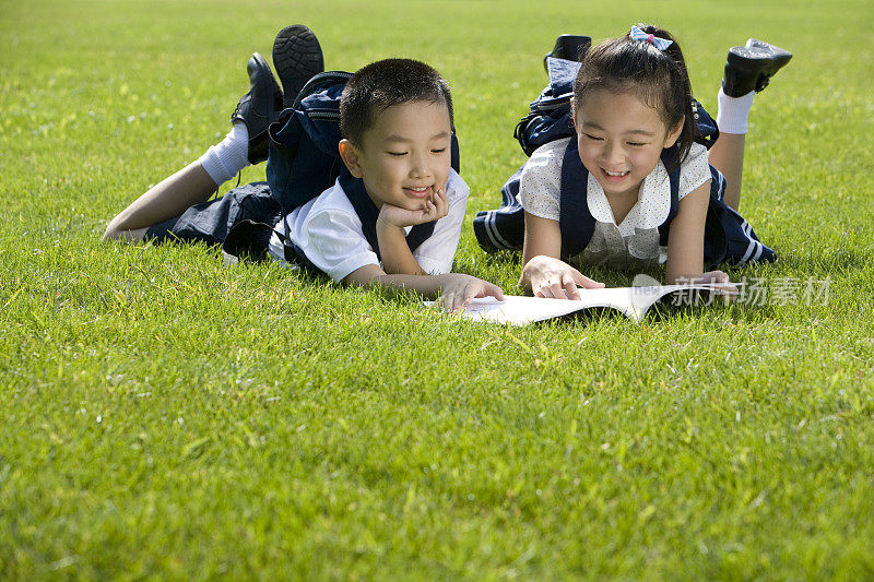 两个在草地上看书的小学生
