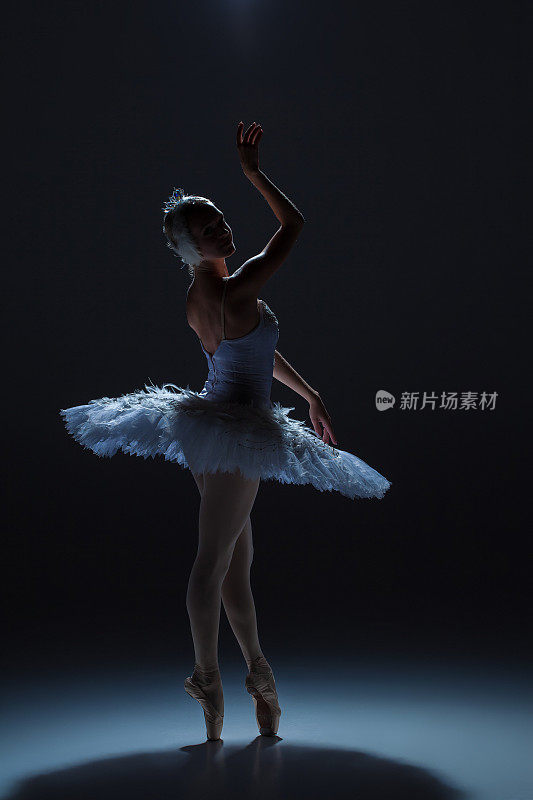 芭蕾舞女演员的肖像在芭蕾舞tatu在黑暗的背景