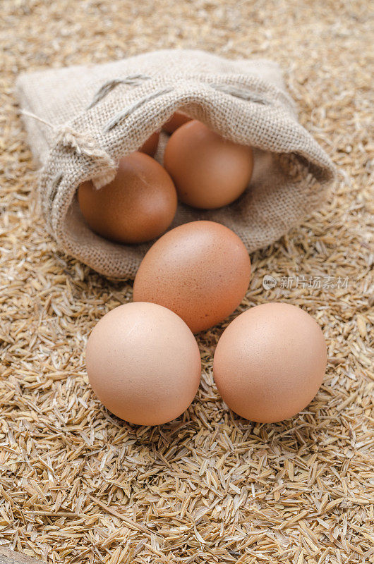粗麻袋里的生鸡蛋，以稻壳为背景
