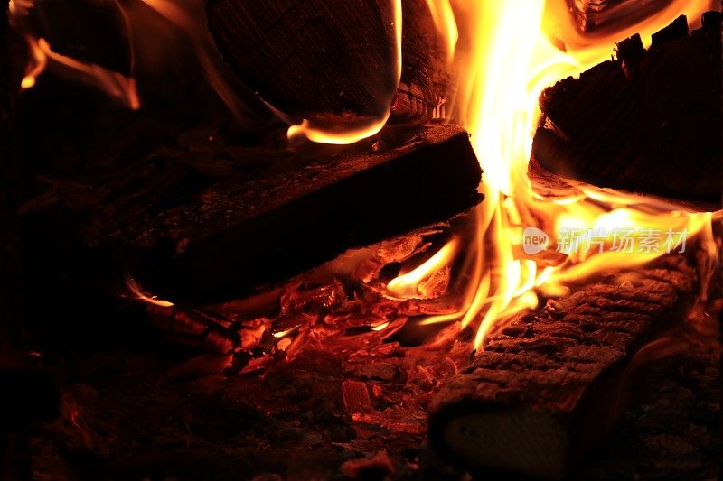 在壁炉中燃烧木材