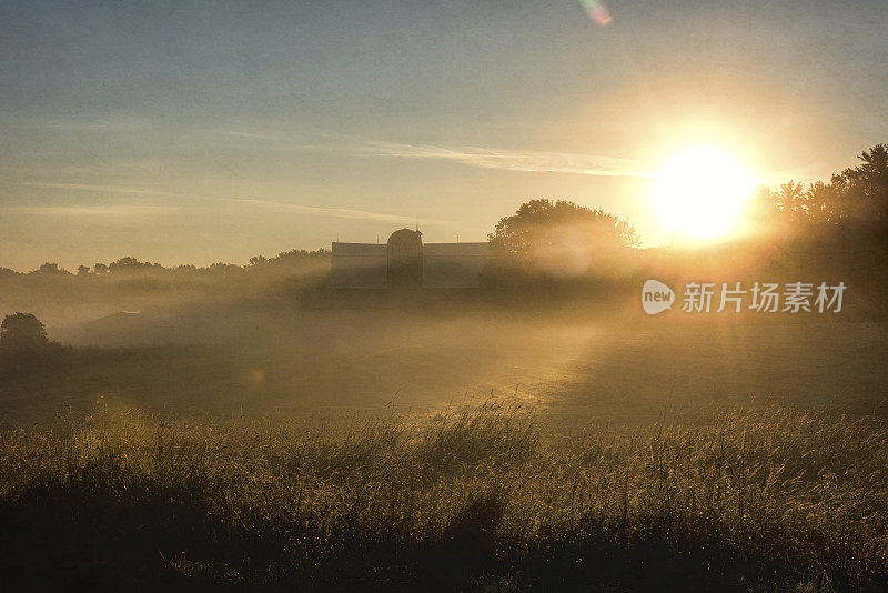 阳光谷仓和框架的田野在日出