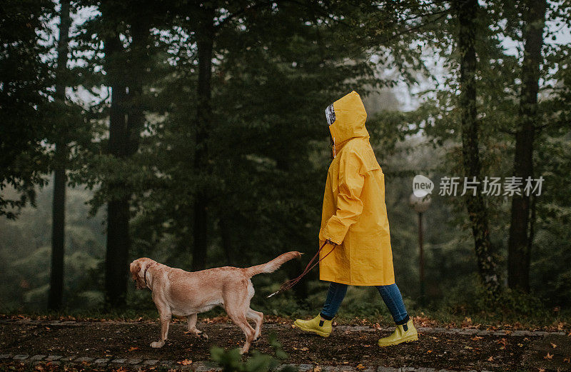 年轻女子和她的狗享受雨天