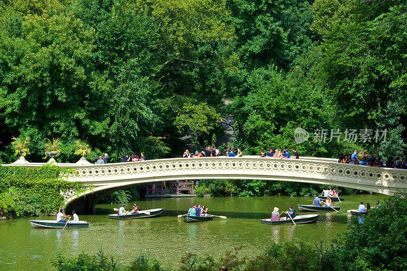 弓桥和划艇，风景如画的湖，中央公园，纽约市