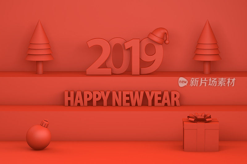 楼梯上戴着圣诞帽的2019年新年