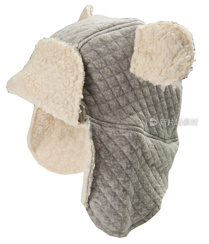 灰色针织冬季羊毛帽子与绒球绒球和有趣的耳朵为婴儿