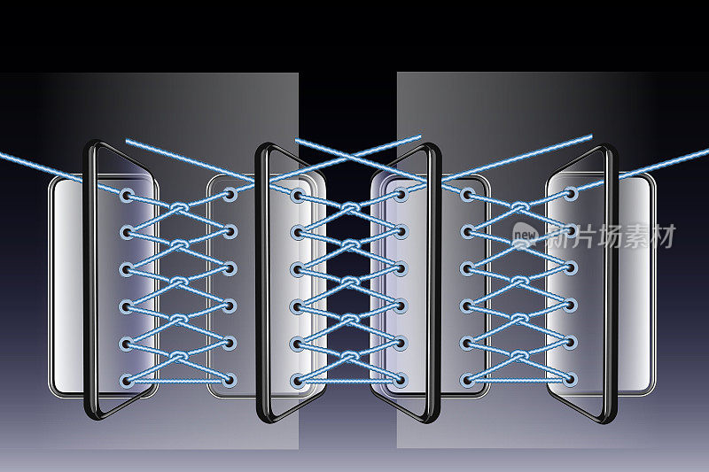 多部智能手机编织成绳子，就像鞋子里的鞋带