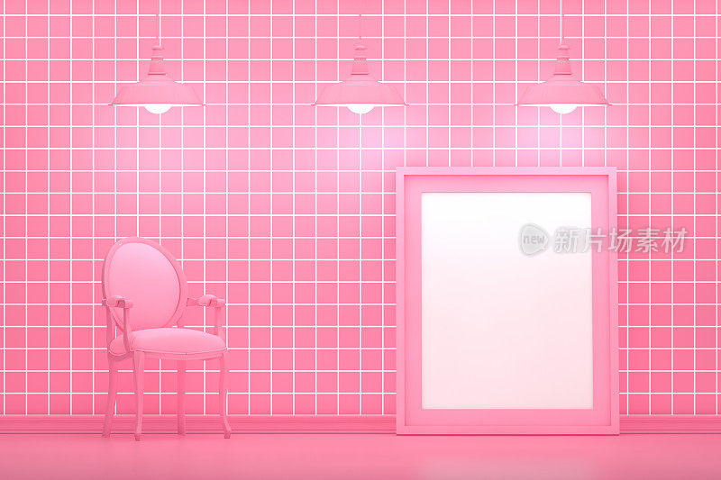 客厅，空框架和扶手椅与格子图案粉红色墙