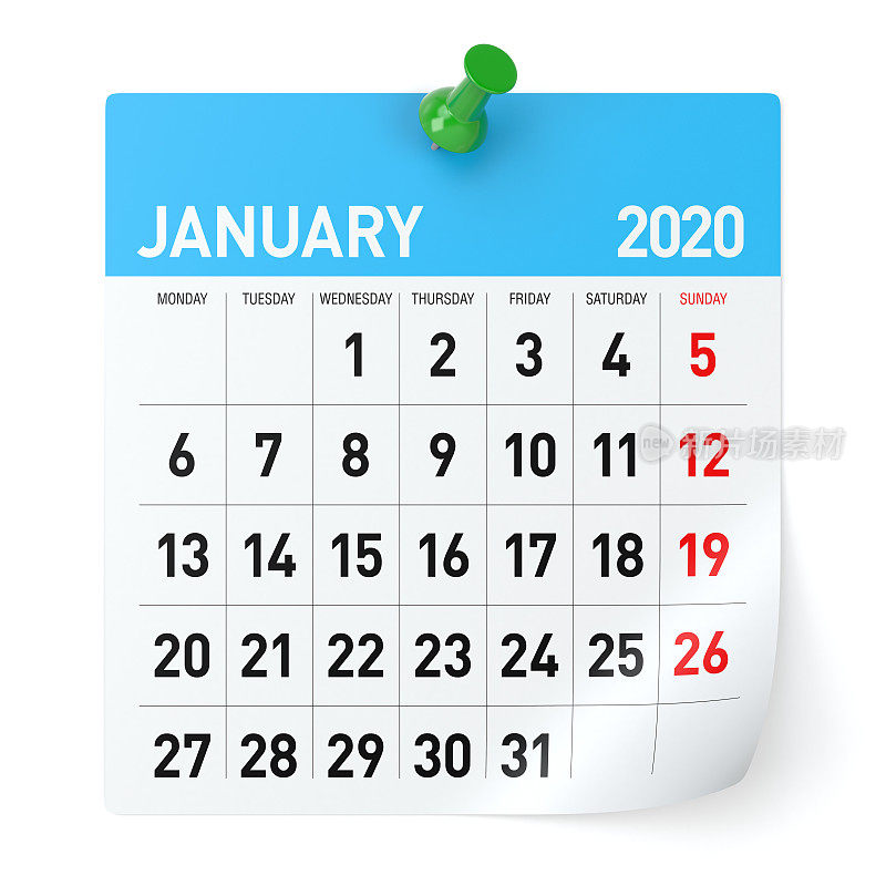 2020年1月日历。孤立在白色背景。3D插图