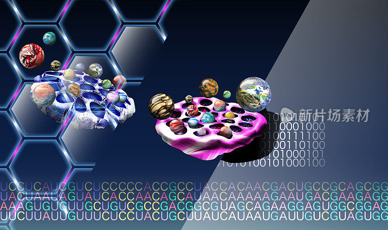 人工智能和纳米技术给药系统的探索，携带基因和药物的载体图像，石墨烯和RNA密码子和二进制代码