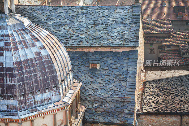 空中屋顶和圆屋顶的细节圣玛丽亚马焦雷在贝加莫